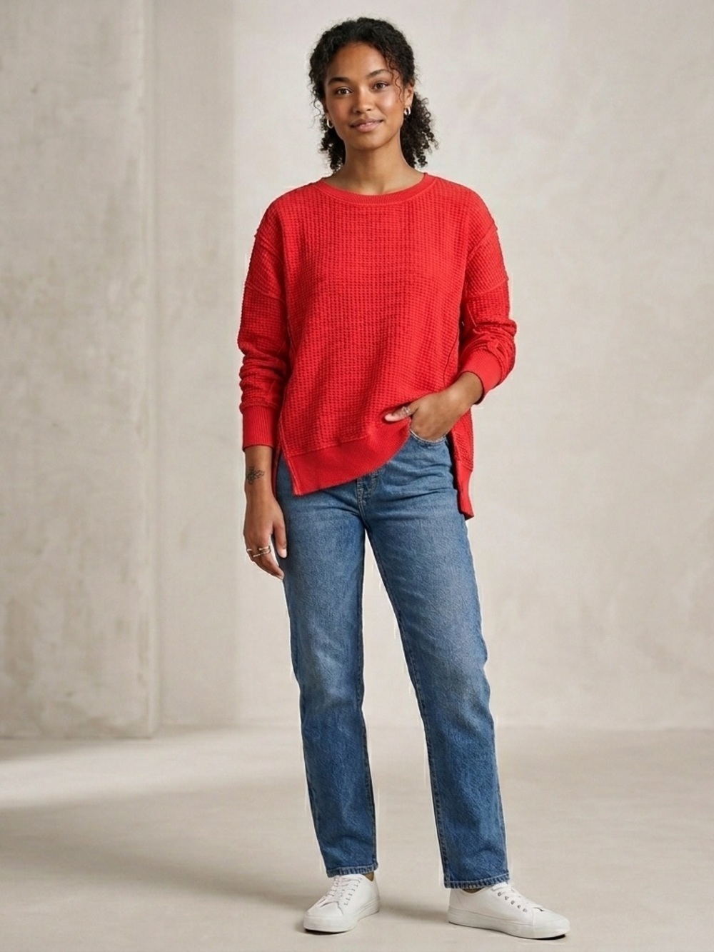Women’s American Eagle "Seriously Lived-In" Waffle Knit Pullover Red Size Small